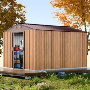 Coolbibila Outdoor Backyard Storage Shed 8X10 Ft Storage Shed With Brown Wood Frame And Iron Door And Window