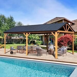 Domi Hardtop Gazebo 12 X 20 Metal Roof Gazebo For Patio With Alumium Frame Wooden Like