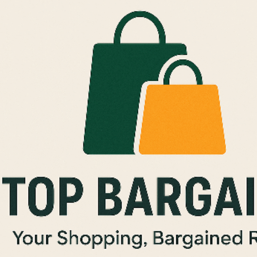 Logo for Top Bargains – Your Shopping, Bargained Right. Features green and orange shopping bags above the company name.