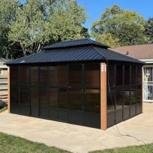 Enjoy the outdoors in any season with the 12 Ft x 16 Ft Sunroom Hardtop Gazebo Solarium. Built with a rust-resistant aluminum frame and a double galvanized steel roof, this gazebo provides superior protection against the elements. Its enclosed design with screened panels keeps bugs out while allowing refreshing airflow and natural light. Ideal for patios, backyards, and gardens, it adds elegance and functionality to any landscape.