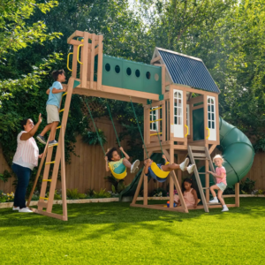 Kidkraft Skyway Resort Wooden Outdoor Swing Set Playset With Tunnel Tube Slide And Swings
